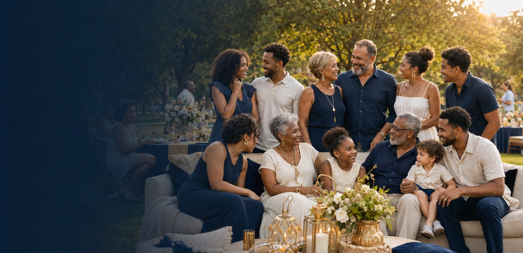 A multigenerational family celebrating together at an outdoor family reunion
