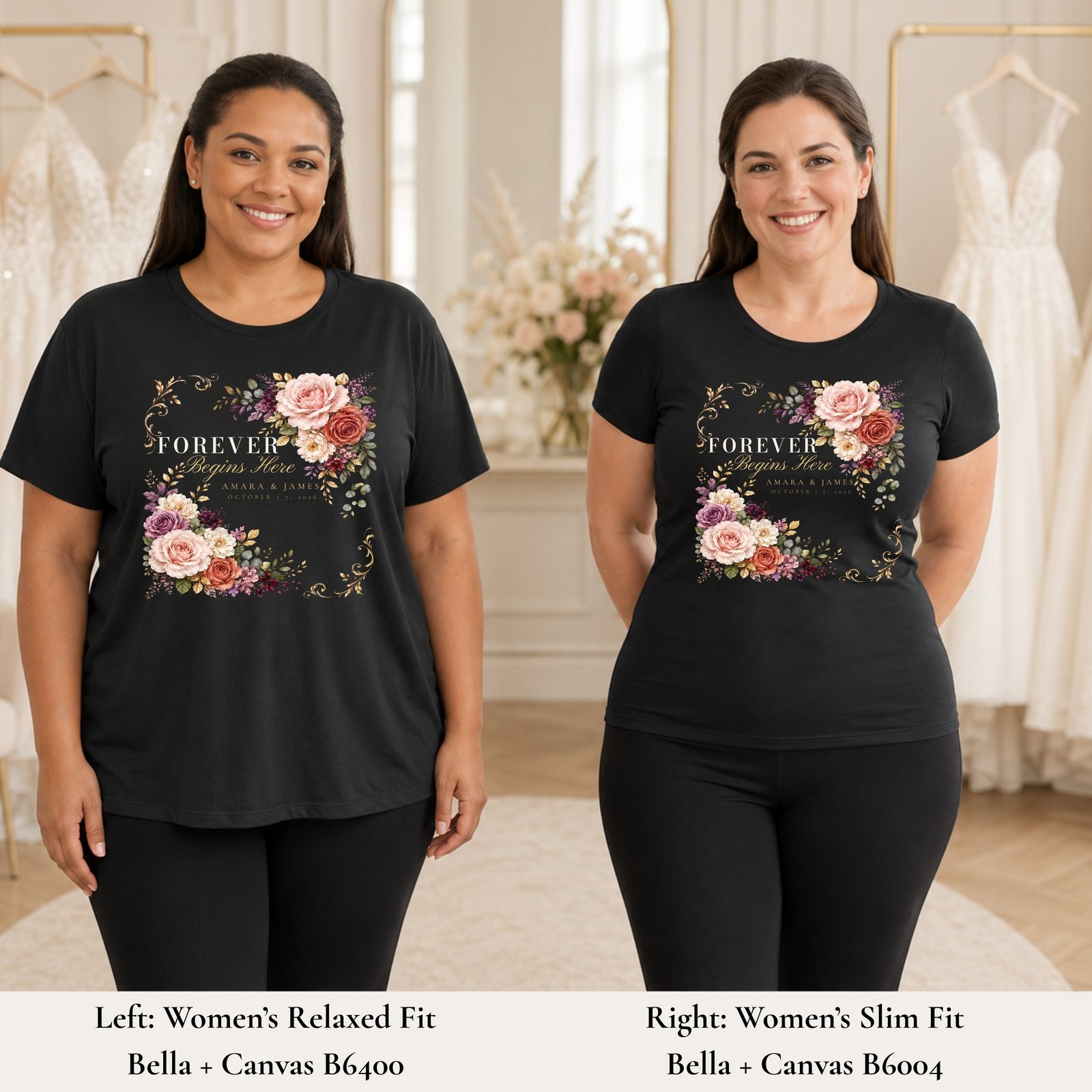 Forever Begins Here fit comparison: Relaxed Fit and Slim Fit side by side
