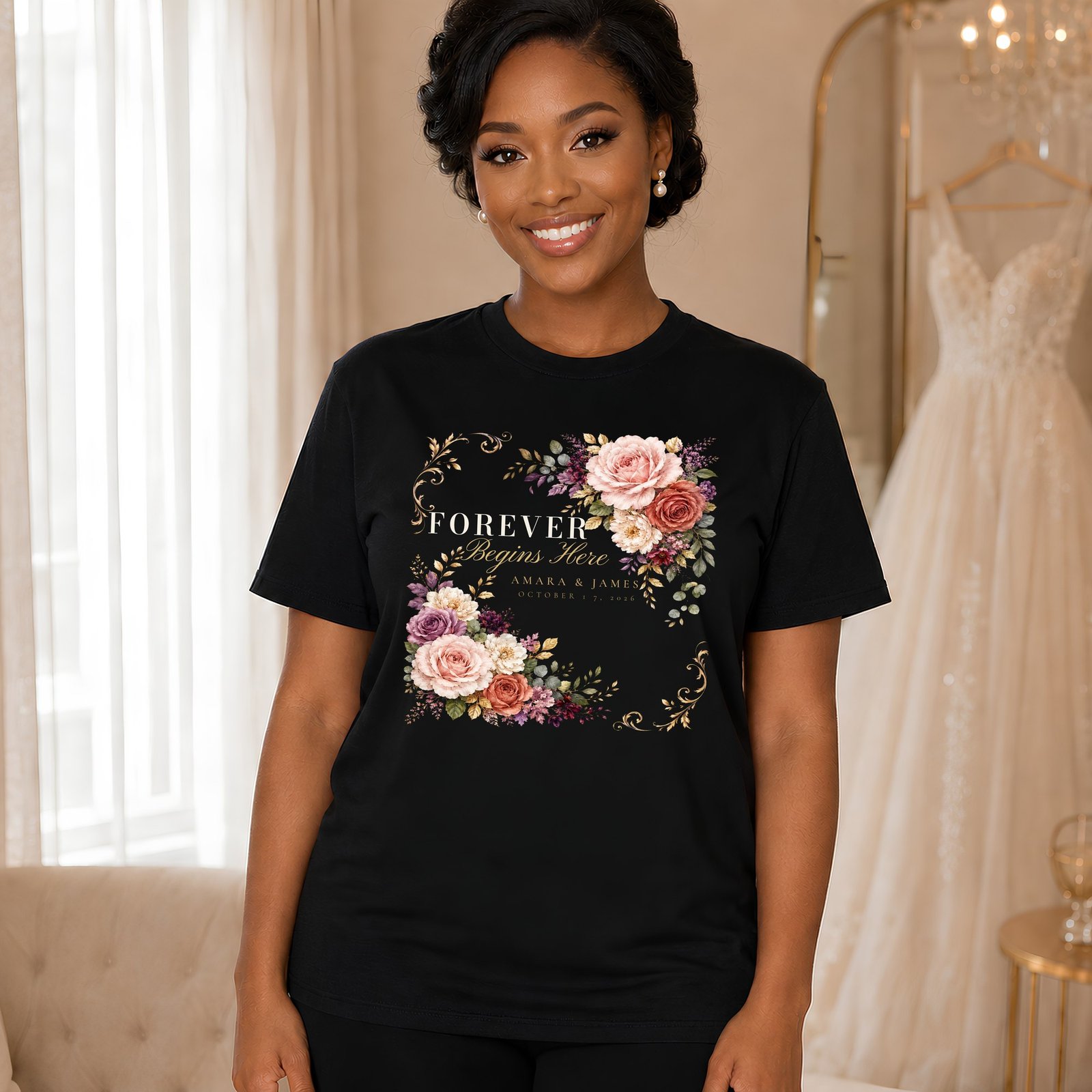 Forever Begins Here bride shirt on black, woman model
