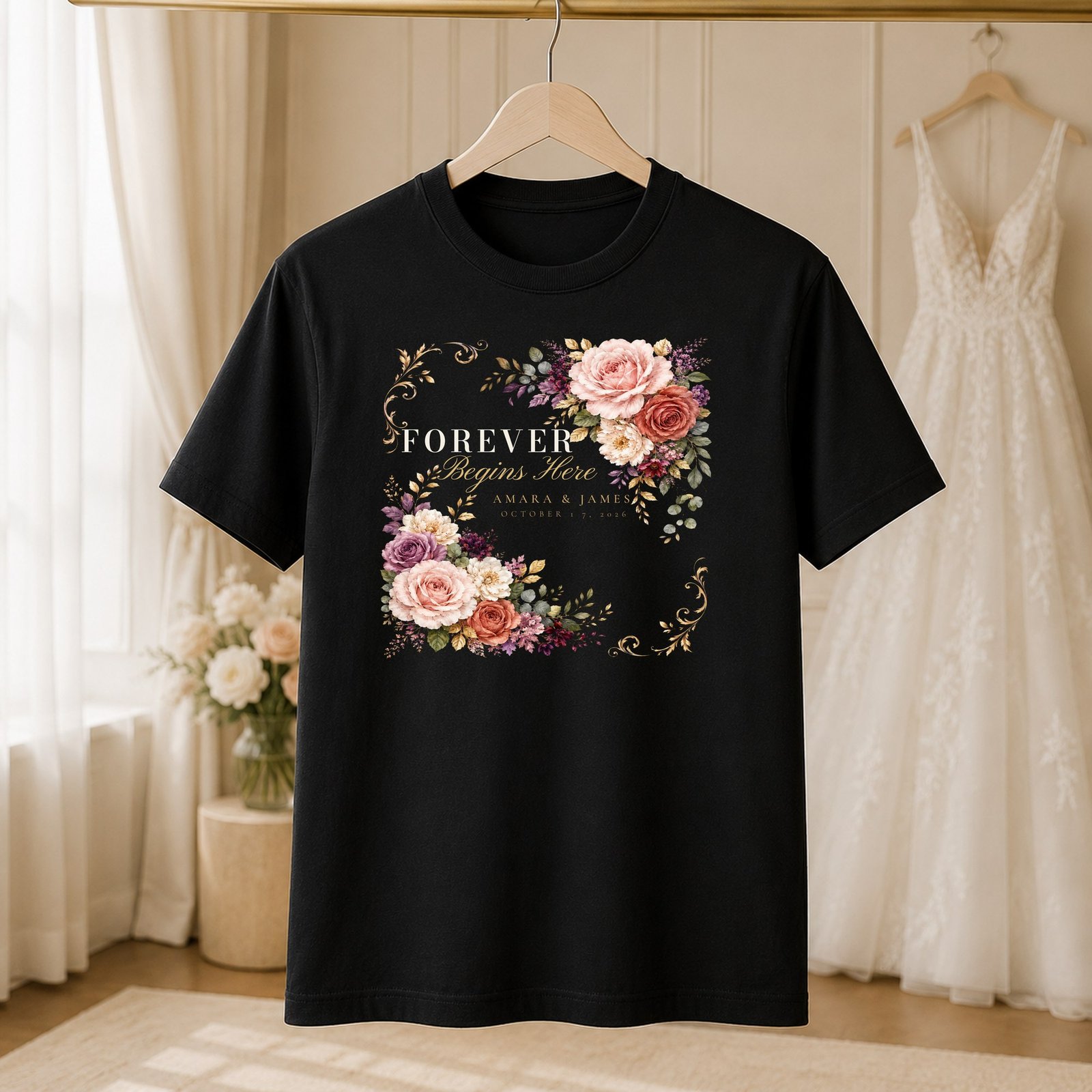 Forever Begins Here bride shirt, hanger styled view