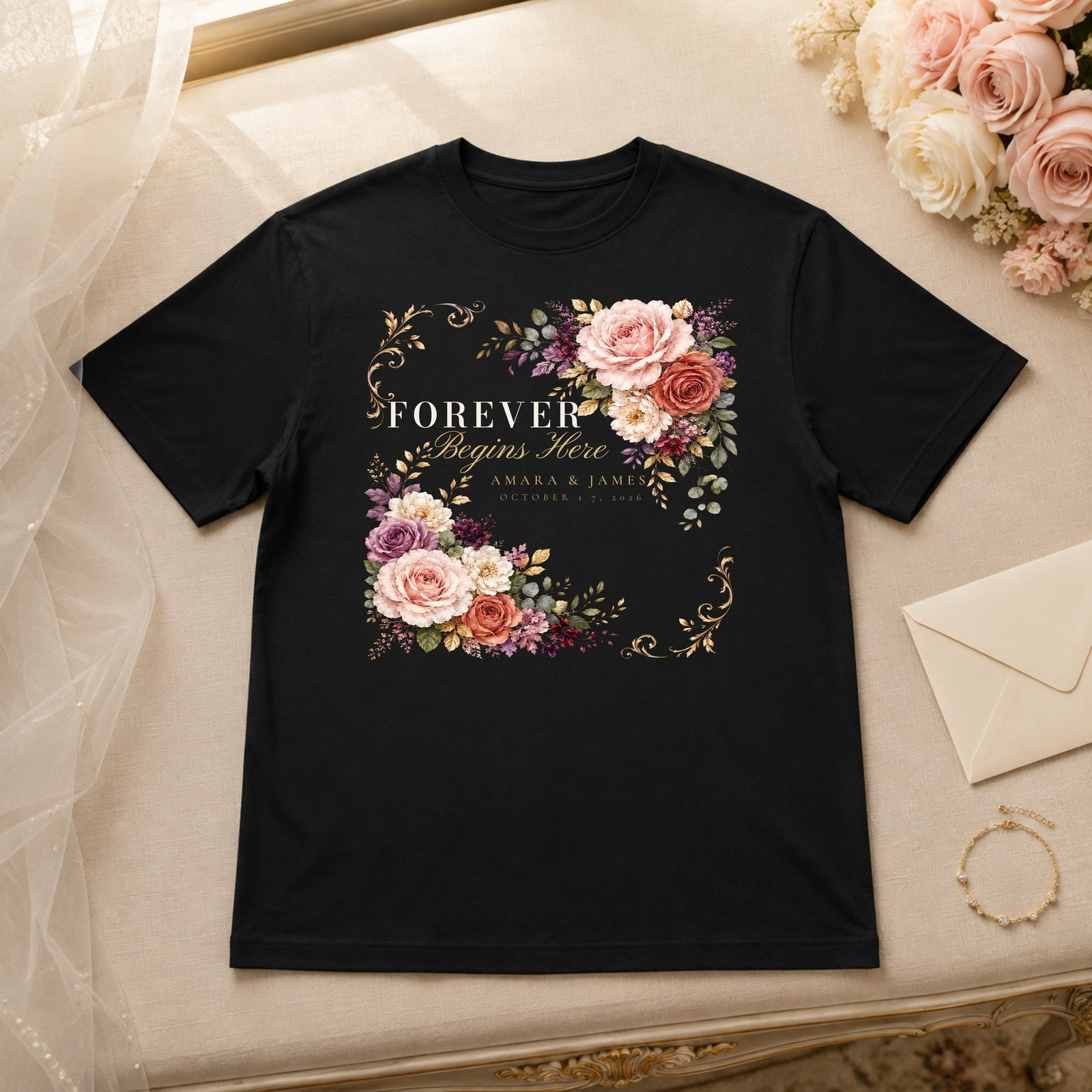 Forever Begins Here bride shirt, styled flat