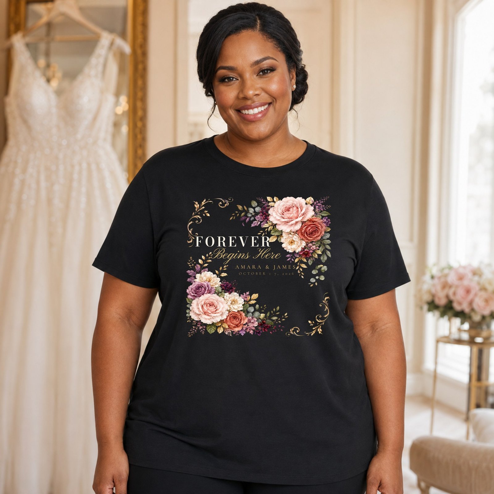 Forever Begins Here bride shirt, plus-size model