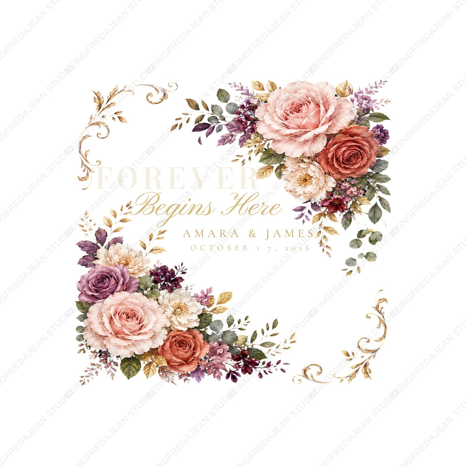 Forever Begins Here bride design artwork preview, watermarked