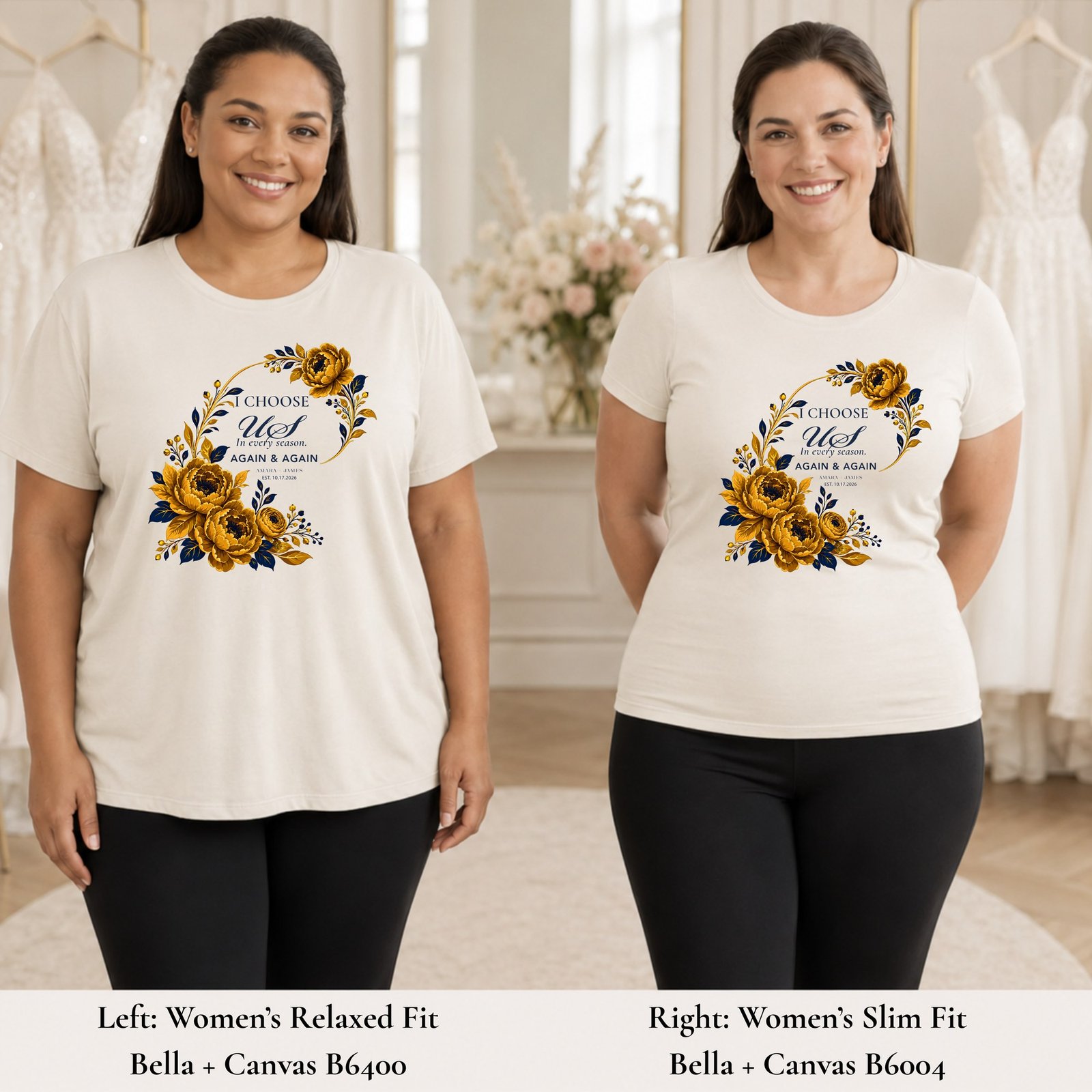 I Choose Us bridal party fit comparison, natural and ivory shirts