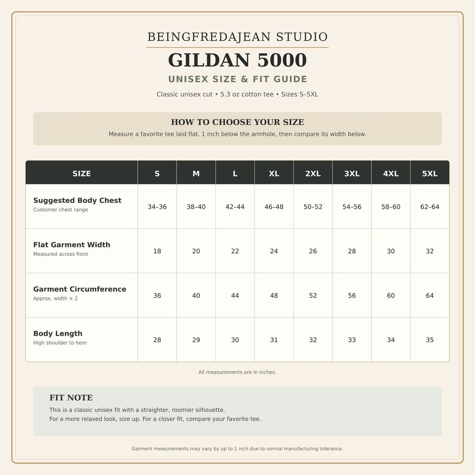 Gildan 5000 unisex size guide for I Choose Us bridal party collection