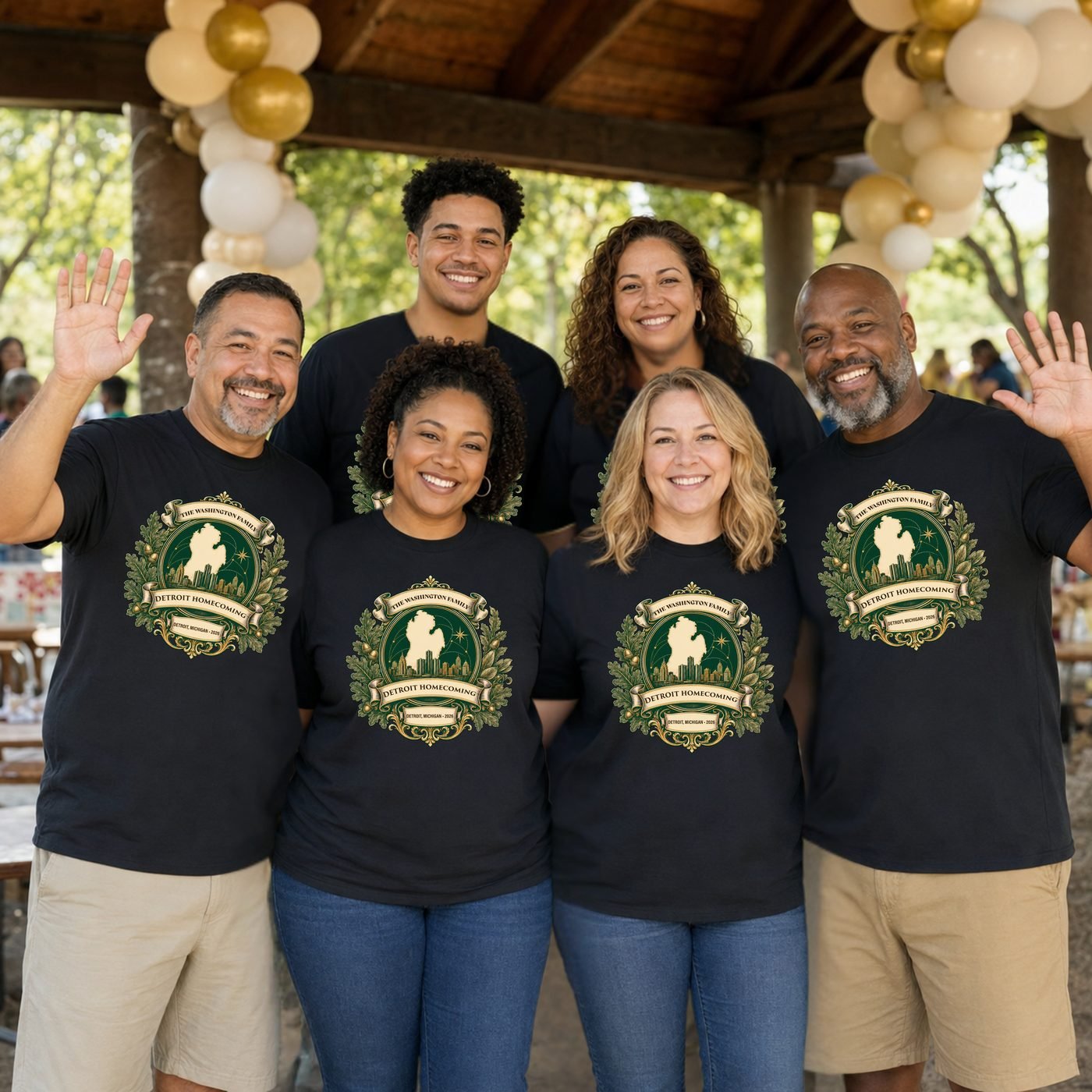 Custom Detroit Homecoming Michigan family reunion shirts displayed on an inclusive family at a park pavilion.