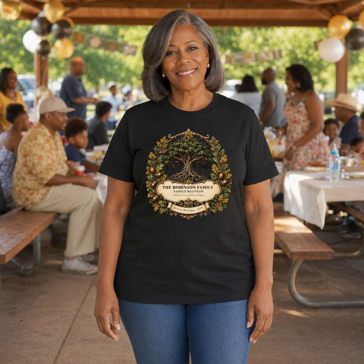 Older caramel-skinned Black woman wearing a personalized black Robinson Family legacy reunion shirt.
