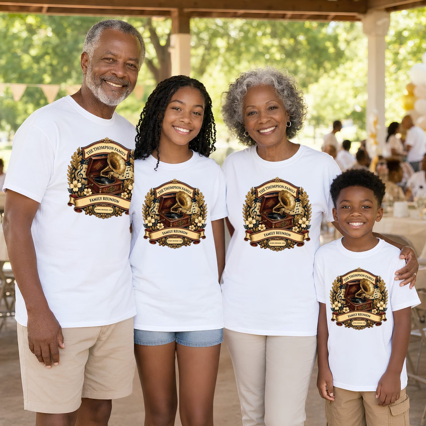 Multigenerational family wearing coordinated white Thompson Heritage Family Crest reunion shirts.