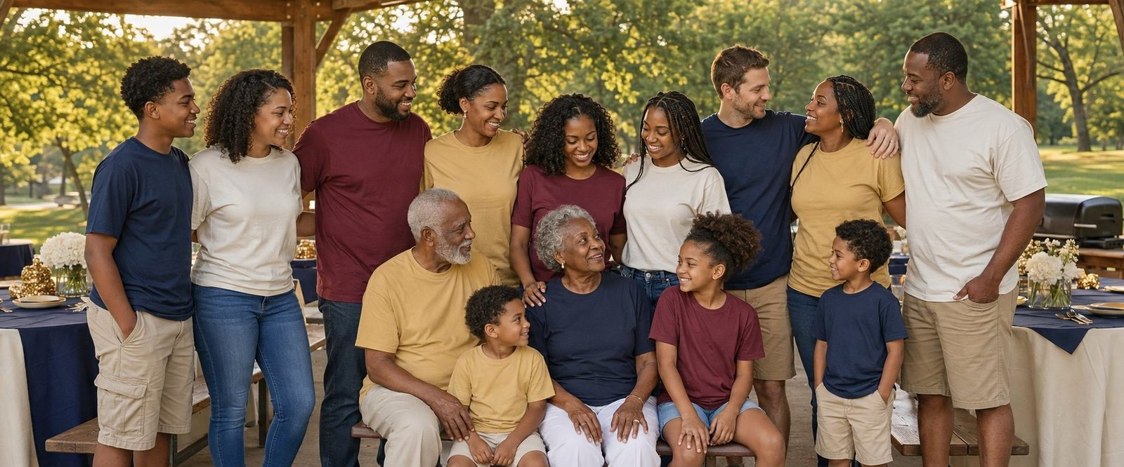 Inclusive multigenerational family celebrating together in coordinated shirts at a Metro Detroit park pavilion.